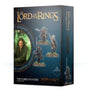 Box for The Three Hunters miniature set, shown from the front and right side. The dark blue-green front features three armed figures on round bases and a circular character portrait, with gold text “THE LORD OF THE RINGS” and “MIDDLE-EARTH”; the side repeats the artwork and title.