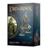 Dark blue box for Éowyn and Merry miniatures, shown from the front and right side. The front shows a mounted warrior, two foot figures, and a helmeted character portrait, with gold lettering including “THE LORD OF THE RINGS” and “ÉOWYN & MERRY.”