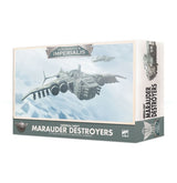 Box for Aeronautica Imperialis miniatures, shown from the front and right side. The pale blue and gray artwork features a large gray aircraft flying through clouds; the front reads “AERONAUTICA IMPERIALIS” and “MARAUDER DESTROYERS.”