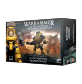 Warhammer miniature box shown from the front and right side. The front features gold-and-yellow armored Contemptor Dreadnoughts against a smoky battlefield, with the text “WARHAMMER THE HORUS HERESY” and “LEGIONES ASTARTES CONTEMPTOR DREADNOUGHT”; the dark side panel repeats the product name.
