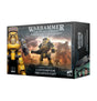 Warhammer miniature box shown from the front and right side. The front features gold-and-yellow armored Contemptor Dreadnoughts against a smoky battlefield, with the text “WARHAMMER THE HORUS HERESY” and “LEGIONES ASTARTES CONTEMPTOR DREADNOUGHT”; the dark side panel repeats the product name.