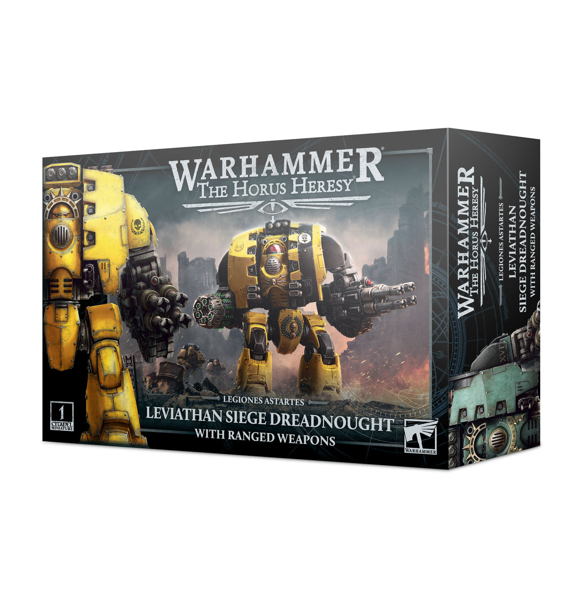 Boxed miniature set shown at an angle, with front artwork of a large yellow armored Leviathan Dreadnought carrying ranged weapons on a smoky battlefield; the right side shows a teal machine. Text reads “WARHAMMER THE HORUS HERESY” and “LEVIATHAN SIEGE DREADNOUGHT WITH RANGED WEAPONS.”