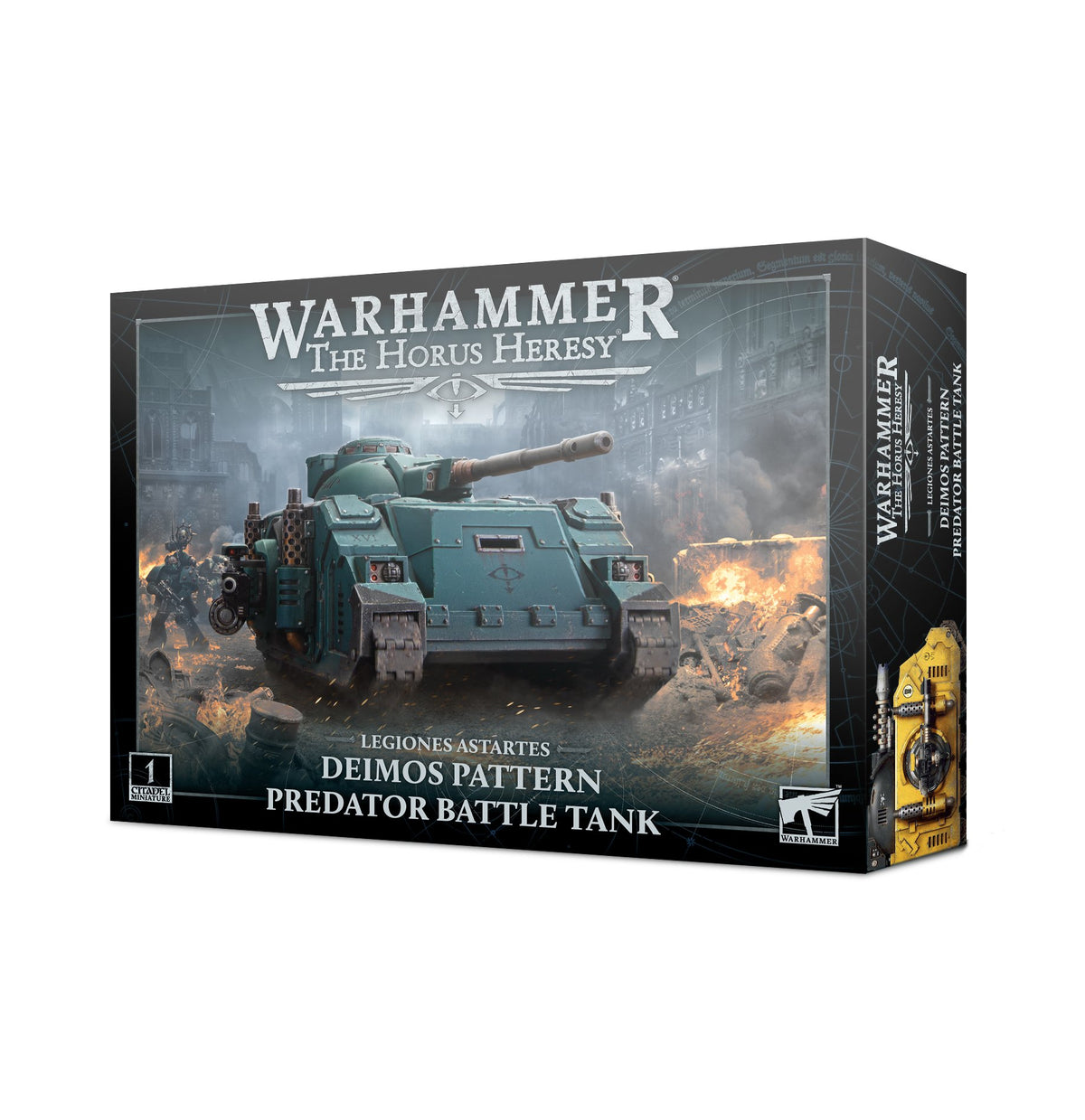 Box for a Legiones Astartes Predator battle tank miniature, shown from the front and right side. The front depicts a teal armored tank amid battle flames and reads “WARHAMMER THE HORUS HERESY” and “LEGIONES ASTARTES DEIMOS PATTERN PREDATOR BATTLE TANK.”