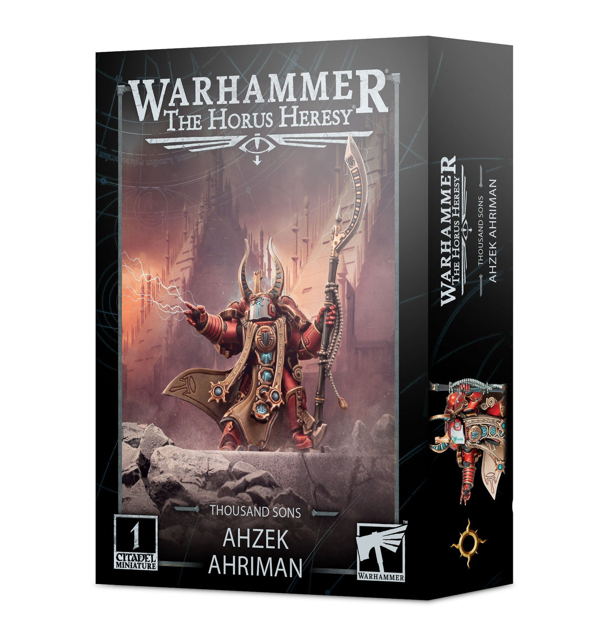 Black Warhammer miniature box showing red-and-gold armored Azhek Ahriman raising a hand amid lightning and holding a staff; the side panel has a smaller character image. Front text reads “WARHAMMER THE HORUS HERESY” and “THOUSAND SONS AHZEK AHRIMAN.”