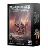 Black Warhammer miniature box showing red-and-gold armored Azhek Ahriman raising a hand amid lightning and holding a staff; the side panel has a smaller character image. Front text reads “WARHAMMER THE HORUS HERESY” and “THOUSAND SONS AHZEK AHRIMAN.”