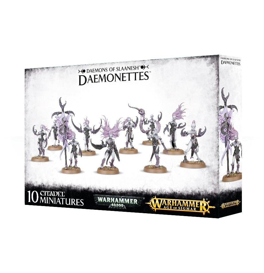 White and gray box for Daemonettes of Slaanesh, showing ten purple-haired, pale gray demon miniatures on round bases across the front and one figure on the side panel. Text reads “DAEMONETTES” and “10 CITADEL MINIATURES,” above Warhammer logos.