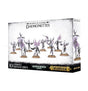 White and gray box for Daemonettes of Slaanesh, showing ten purple-haired, pale gray demon miniatures on round bases across the front and one figure on the side panel. Text reads “DAEMONETTES” and “10 CITADEL MINIATURES,” above Warhammer logos.