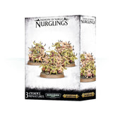 Box for Nurglings miniatures showing three crowded towers of small green and pink horned creatures on round brown bases; the front reads “DAEMONS OF NURGLE” and “NURGLINGS,” with a smaller view of a tower on the side.