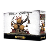 Box for the Feculent Gnarlmaw miniature, showing a twisted dark tree-like creature with three large yellow, spotted growths, dangling bells and red tentacle-like roots. The title reads “FECULENT GNARLMAW,” with a Warhammer Age of Sigmar logo; the narrow side repeats the artwork.