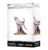 Box for a Chaos Daemons: Infernal Enrapturess miniature, showing a pale, horned figure in a dark purple gown beside a tall red-stringed harp on a gold-colored base; the side panel repeats the figure. The box reads “DAEMONS OF SLAANESH INFERNAL ENRAPTURESS” and “1 CITADEL MINIATURE.”