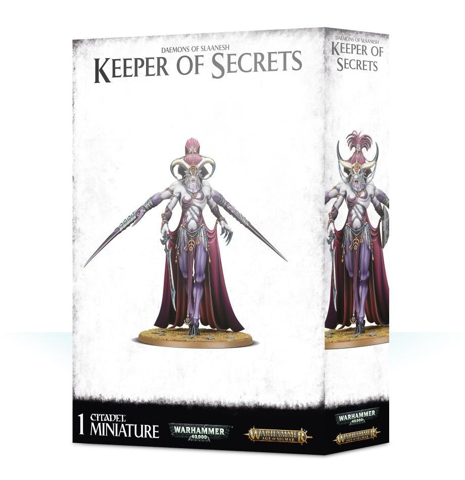 White Warhammer miniature box shown from the front and right side, featuring a pale lavender, horned Keeper of Secrets with long blades, purple robes and a round base. The front reads “KEEPER OF SECRETS” and “1 CITADEL MINIATURE.”