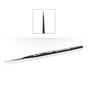 A slim black Citadel layer brush lies diagonally on a white background, with a clear cap over the handle end and a fine pointed brown bristle tip. A small inset shows the tip close up; “CITADEL” and “LAYER” are printed on the handle.
