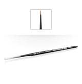 A slim black Citadel glaze brush lies diagonally with a clear protective cap over its pointed brown bristles. White handle lettering reads “GLAZE” and “CITADEL”; an inset above shows a close-up of the tapered brush tip.