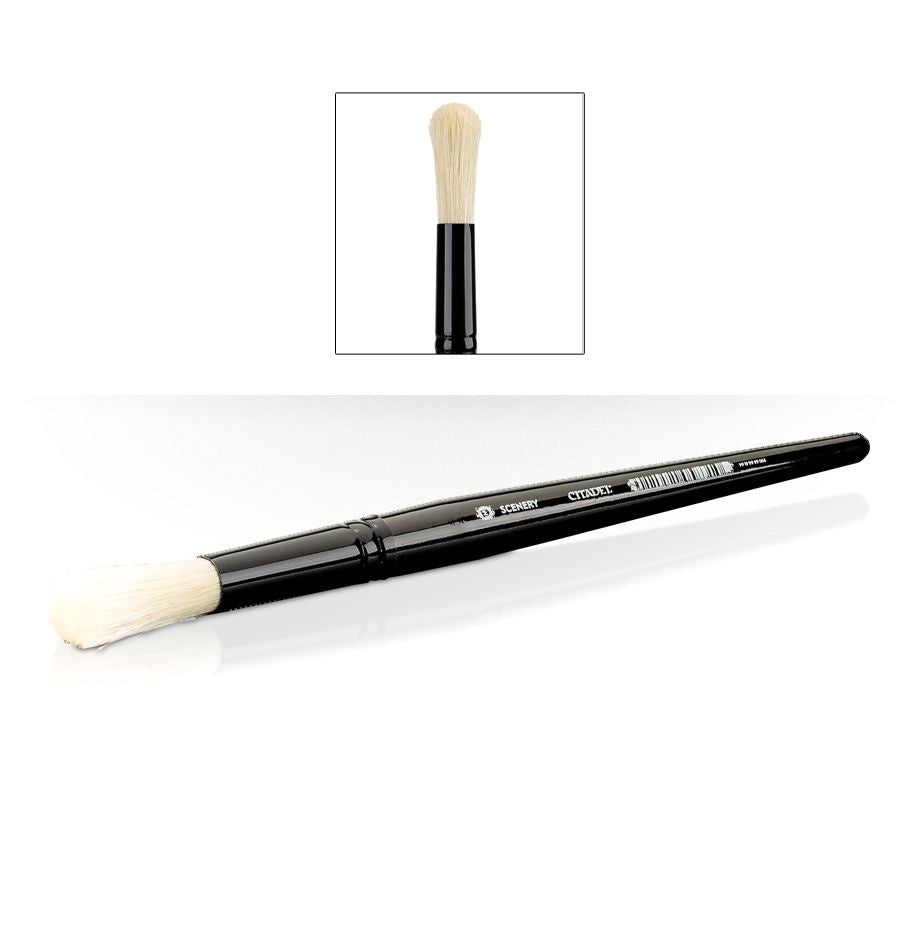 A medium scenery brush is shown diagonally with a glossy black handle and pale cream bristles; an inset shows its rounded bristle tip and handle upright. White handle lettering reads “CITADEL” and “SCENERY.”