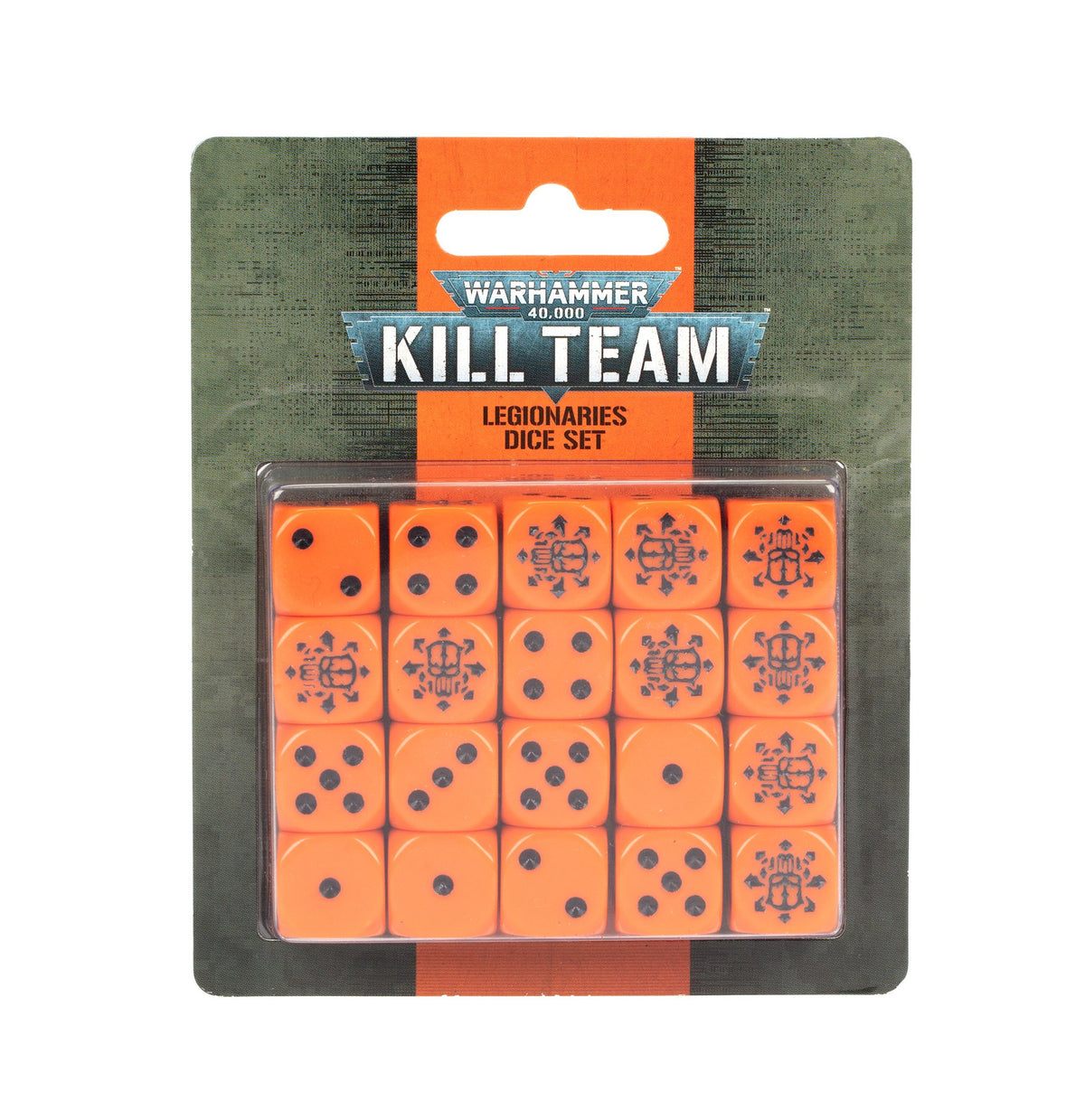 A blister pack holds 20 bright orange dice in a four-by-five grid, with black pips on some faces and ornate Legionary helmet symbols on others. The olive-green and orange backing reads “WARHAMMER 40,000,” “KILL TEAM” and “LEGIONARIES DICE SET.”