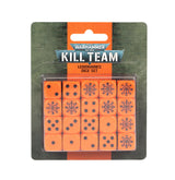 A blister pack holds 20 bright orange dice in a four-by-five grid, with black pips on some faces and ornate Legionary helmet symbols on others. The olive-green and orange backing reads “WARHAMMER 40,000,” “KILL TEAM” and “LEGIONARIES DICE SET.”