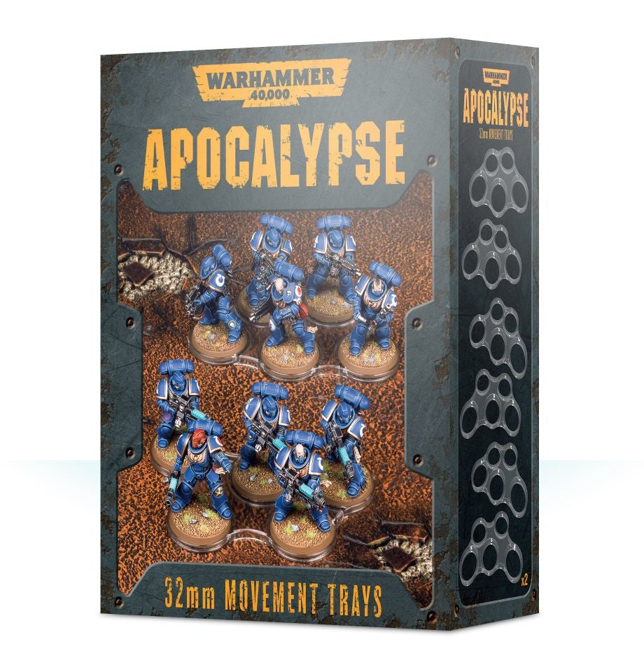 Box of Warhammer 40,000 Apocalypse 32mm movement trays, shown from the front and right side. The front shows blue armored miniatures standing on round bases and the text “WARHAMMER 40,000,” “APOCALYPSE,” and “32mm MOVEMENT TRAYS”; the side displays several gray tray shapes.
