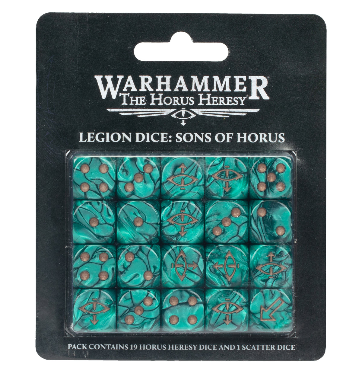 A black-backed package displays 20 turquoise marbled dice with bronze-colored pips and symbols behind a clear window. White lettering reads “WARHAMMER THE HORUS HERESY” and “LEGION DICE: SONS OF HORUS.”