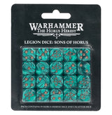 A black-backed package displays 20 turquoise marbled dice with bronze-colored pips and symbols behind a clear window. White lettering reads “WARHAMMER THE HORUS HERESY” and “LEGION DICE: SONS OF HORUS.”