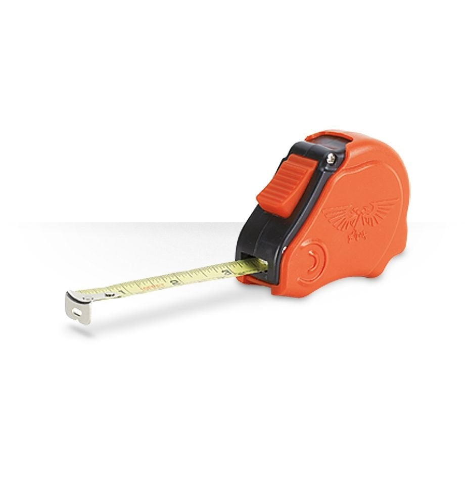 Orange tape measure with a black housing accent and orange lock button, shown on a white background with its yellow measuring blade extended to the left and a silver hook at the end. An embossed winged emblem decorates the case.