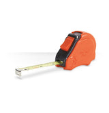 Orange tape measure with a black housing accent and orange lock button, shown on a white background with its yellow measuring blade extended to the left and a silver hook at the end. An embossed winged emblem decorates the case.