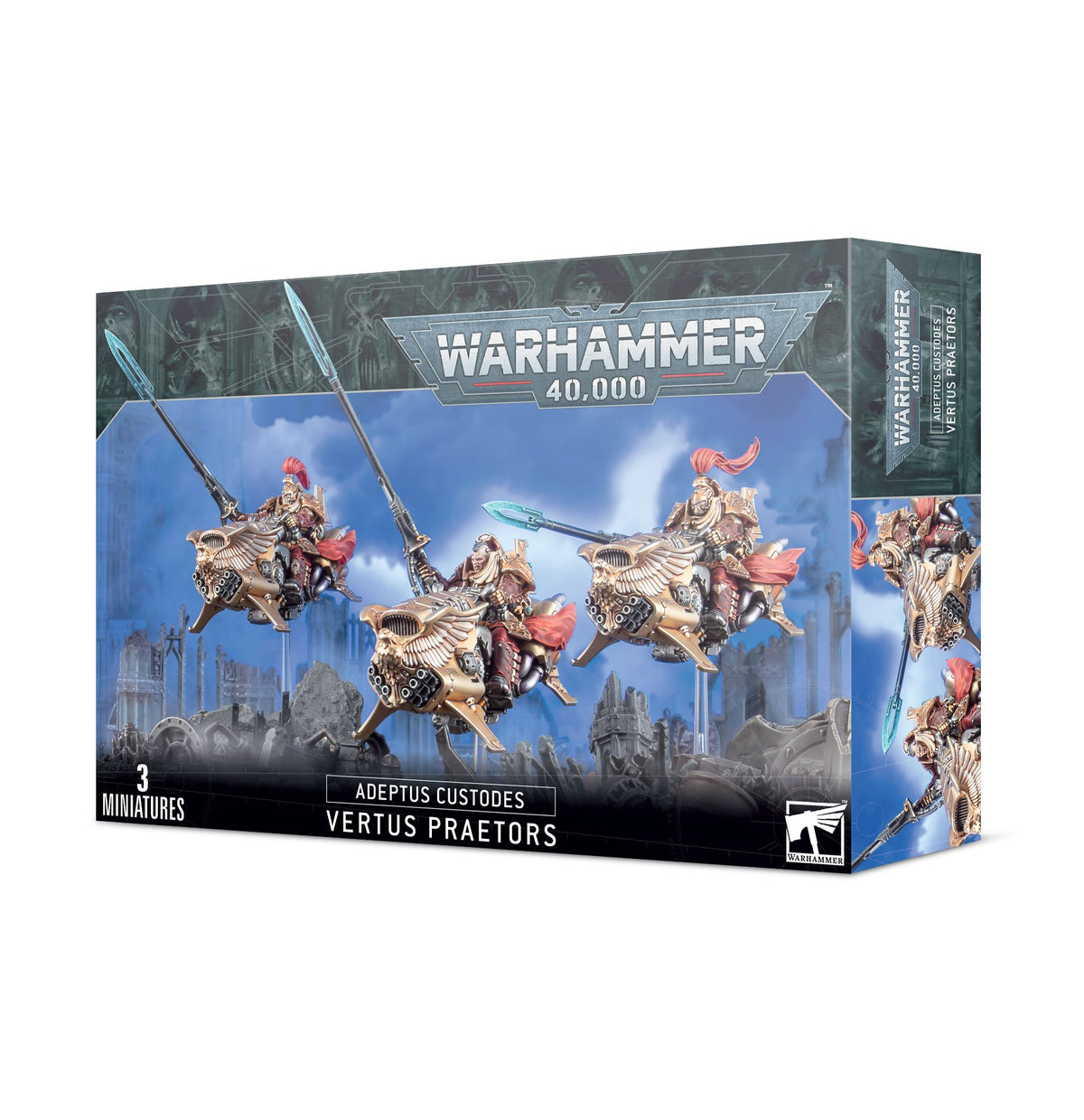 A Warhammer 40,000 miniatures box shows three gold-armored Adeptus Custodes riding ornate jetbikes, with red plumes and long spears against a blue ruined-city scene. The front reads “WARHAMMER 40,000” and “ADEPTUS CUSTODES VERTUS PRAETORS”; the right side shows cropped artwork of the riders.