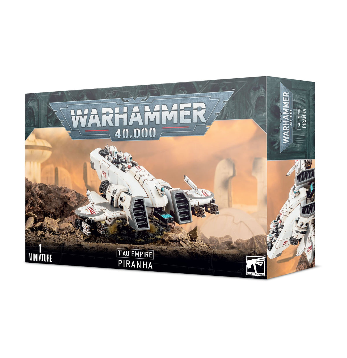 Boxed Warhammer miniature set showing a white futuristic T’au Piranha aircraft with red markings against an orange landscape; the box front reads “WARHAMMER 40,000” and “T’AU EMPIRE PIRANHA,” with a close-up view on the side.