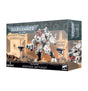 Box for a T’au Empire Ghostkeel Battlesuit miniature set, shown from the front and right side. Artwork features a large white armored mech with red accents between two small hovering units; the box reads “WARHAMMER 40,000,” “T’AU EMPIRE,” “GHOSTKEEL BATTLESUIT” and “3 MINIATURES.”