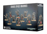 Angled view of a dark gray Chaos Space Marines box, printed with several armored miniature soldiers on round bases in dark metal, gold and red details. The box reads “CHAOS SPACE MARINES,” “10 CITADEL MINIATURES” and “WARHAMMER 40,000.”