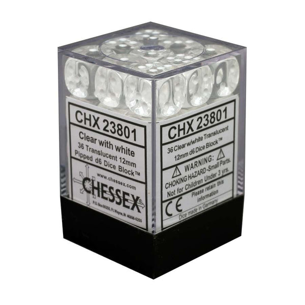 Chessex: Translucent Clear/White Set of 36 D6 Dice
