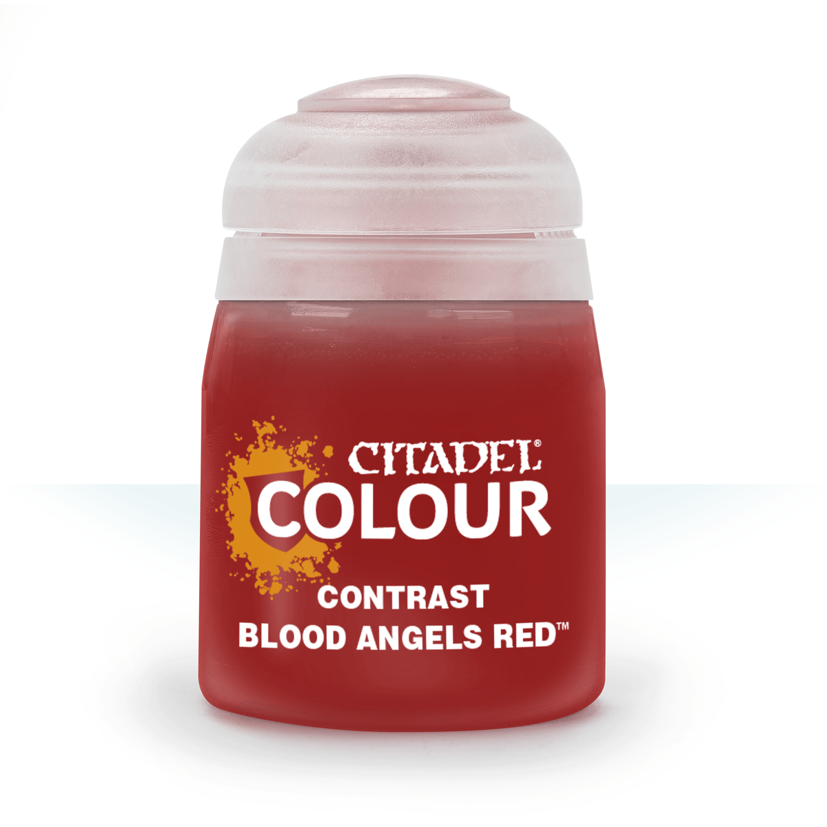 A squat red paint pot with a translucent pale pink cap, shown upright against a white background. Its front label reads “CITADEL COLOUR,” “CONTRAST,” and “BLOOD ANGELS RED.”