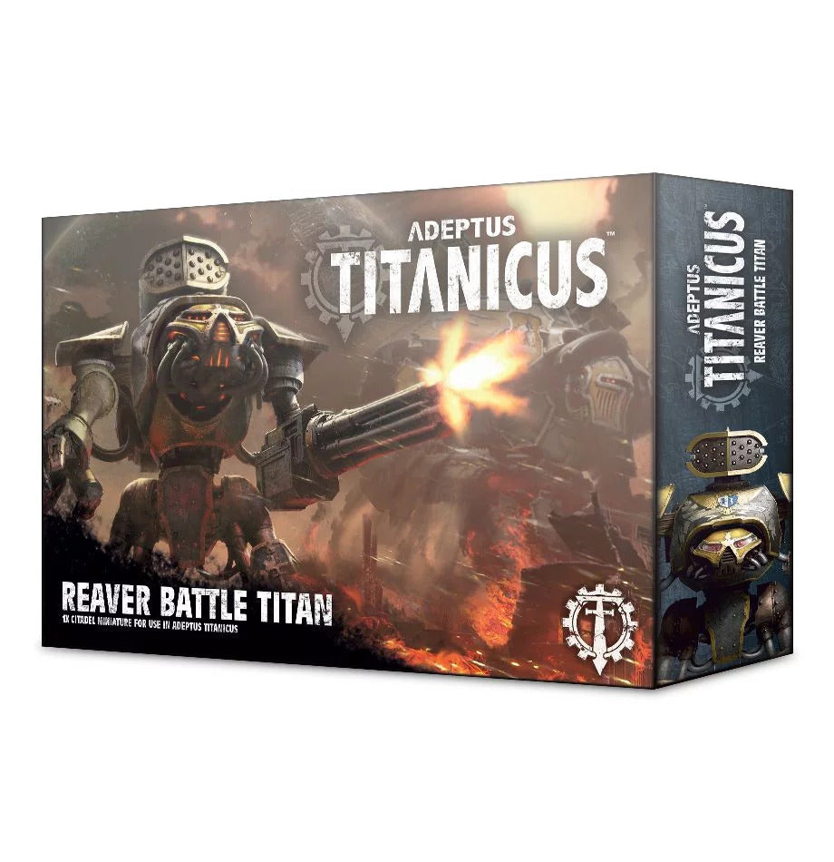A rectangular Adeptus Mechanicus miniature game box shown from the front and right side. Dark artwork depicts armored Titans amid fire, with one firing a large gun; the front reads “ADEPTUS TITANICUS” and “REAVER BATTLE TITAN.”