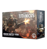 A rectangular Adeptus Mechanicus miniature game box shown from the front and right side. Dark artwork depicts armored Titans amid fire, with one firing a large gun; the front reads “ADEPTUS TITANICUS” and “REAVER BATTLE TITAN.”