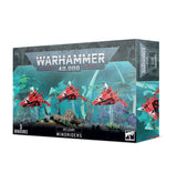 Box for Aeldari Windriders miniatures, showing three helmeted riders on red jetbikes against a blue-green alien landscape; the right side panel shows a cropped rider. The front reads “WARHAMMER 40,000,” “AELDARI WINDRIDERS” and “3 MINIATURES.”