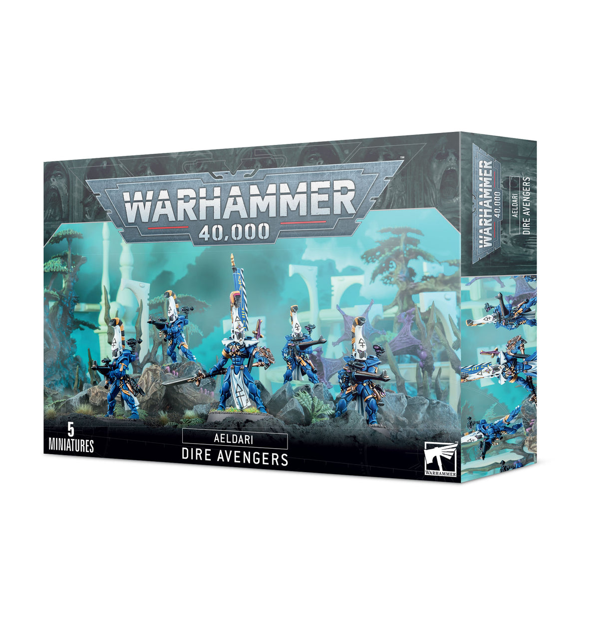 Box for Aeldari Dire Avengers, shown from the front and right side, with artwork of five blue-armored figures in white helmets holding weapons against a turquoise alien landscape. The front reads “WARHAMMER 40,000,” “AELDARI DIRE AVENGERS” and “5 MINIATURES.”