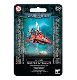Front of a dark teal and black Games Workshop package showing an armored Aeldari rider on a red, finned hover bike above a rocky scene. The package reads “WARHAMMER 40,000” and “AELDARI FARSEER SKYRUNNER,” with a 12+ age mark.