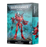 Box for an Aeldari Wraithknight miniature, showing a tall red armored mech holding a long weapon against a blue-green scene; the narrow side panel shows another view of the figure. The front reads “WARHAMMER 40,000” and “AELDARI WRAITHKNIGHT”.