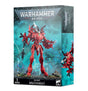 Box for an Aeldari Wraithknight miniature, showing a tall red armored mech holding a long weapon against a blue-green scene; the narrow side panel shows another view of the figure. The front reads “WARHAMMER 40,000” and “AELDARI WRAITHKNIGHT”.