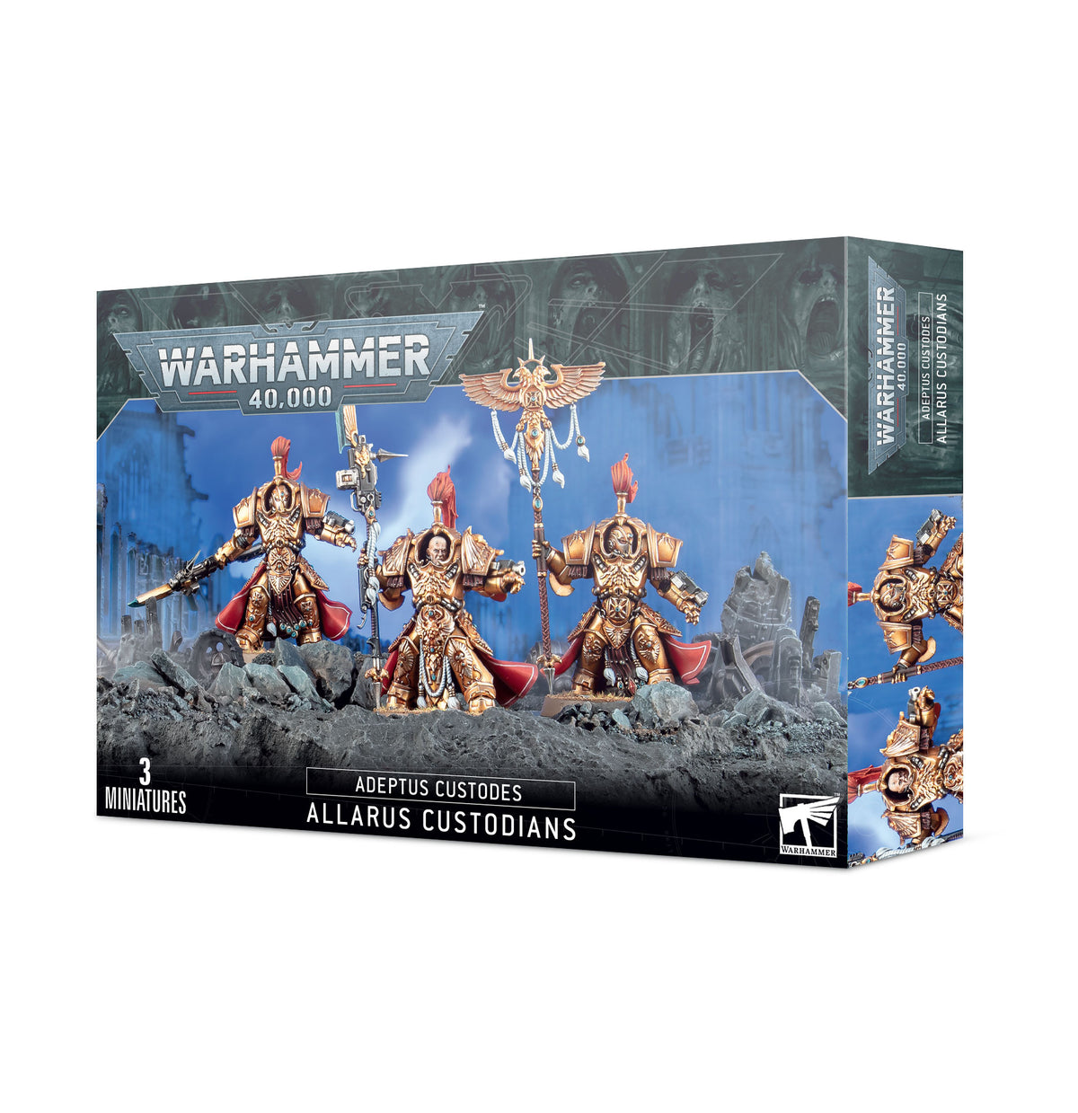 Box of Warhammer 40,000 Adeptus Custodes: Allarus Custodians miniatures, showing three ornate gold-armored warriors with red plumes and accents against a blue, rocky battlefield; side panel shows additional views. Text reads “WARHAMMER 40,000,” “ADEPTUS CUSTODES,” “ALLARUS CUSTODIANS,” and “3 MINIATURES.”