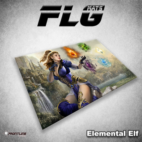Angled gaming mat printed with a fantasy elf woman in a blue and purple outfit conjuring colorful elemental effects above a rocky landscape with a waterfall. The display also reads “FLG MATS” and “Elemental Elf.”