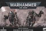 Box front for Adepta Sororitas: Engines of Redemption, showing two dark, heavily armed mechanical miniatures with saws and flails against a ruined-city backdrop. The package reads “WARHAMMER 40,000” and “2 MINIATURES.”