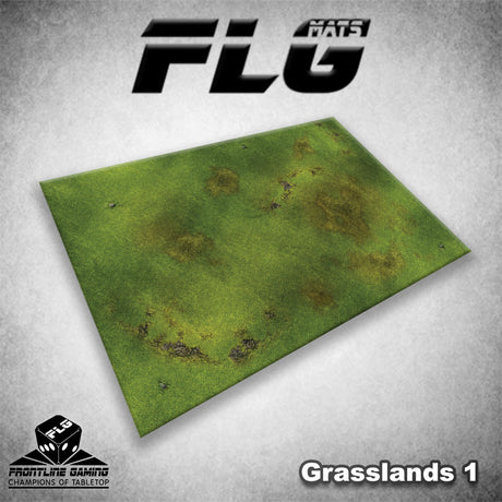 A rectangular gaming mat is shown at an angle, printed with mottled green grassland, scattered brown patches and small dark marks. The image includes the logos “FLG MATS” and “FRONTLINE GAMING” and the title “Grasslands 1”.