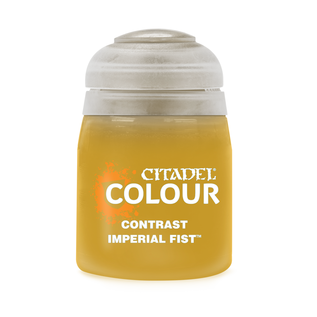 A squat, translucent golden-yellow paint pot with a wide white ridged cap, shown upright against a black background. Its label reads “CITADEL,” “COLOUR,” “CONTRAST,” and “IMPERIAL FIST.”