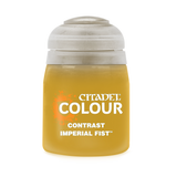 A squat, translucent golden-yellow paint pot with a wide white ridged cap, shown upright against a black background. Its label reads “CITADEL,” “COLOUR,” “CONTRAST,” and “IMPERIAL FIST.”