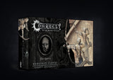 Black Conquest miniature expansion box shown at an angle, with ornate dark graphics and sepia artwork of pale, elongated armored figures wielding weapons. The front reads “CONQUEST,” “The Spires,” and “MARKSMAN CLONES.”