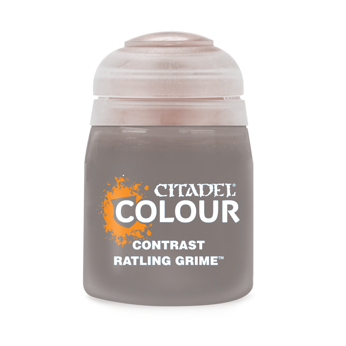 A squat, round paint pot with a pale beige lid and a muted gray-brown body. Its front label has an orange paint-splatter graphic and the white text “CITADEL COLOUR,” “CONTRAST,” and “RATLING GRIME.”