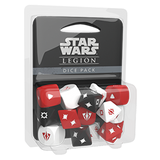 A clear plastic package on a dark gray backing holds red, white, and black custom dice with white or dark game symbols. The backing reads “STAR WARS LEGION” and “DICE PACK.”