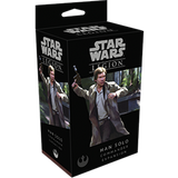 Black Star Wars Legion Han Solo Commander Expansion box shown at an angle, with the front and side panels visible. Both panels feature Han Solo in a brown jacket holding a blaster against a forest backdrop, with the text “STAR WARS LEGION” and “HAN SOLO COMMANDER EXPANSION.”