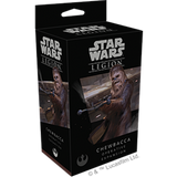 Black Star Wars: Legion expansion box shown at an angle, with the front and left side visible. Both panels feature artwork of Chewbacca holding a bowcaster; the front reads “STAR WARS LEGION” and “CHEWBACCA OPERATIVE EXPANSION.”