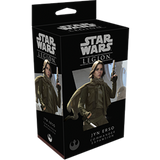 Black Star Wars: Legion box shown from the front and side, with artwork of Jyn Erso in an olive jacket holding a blaster. The front reads “STAR WARS LEGION” and “JYN ERSO COMMANDER EXPANSION.”
